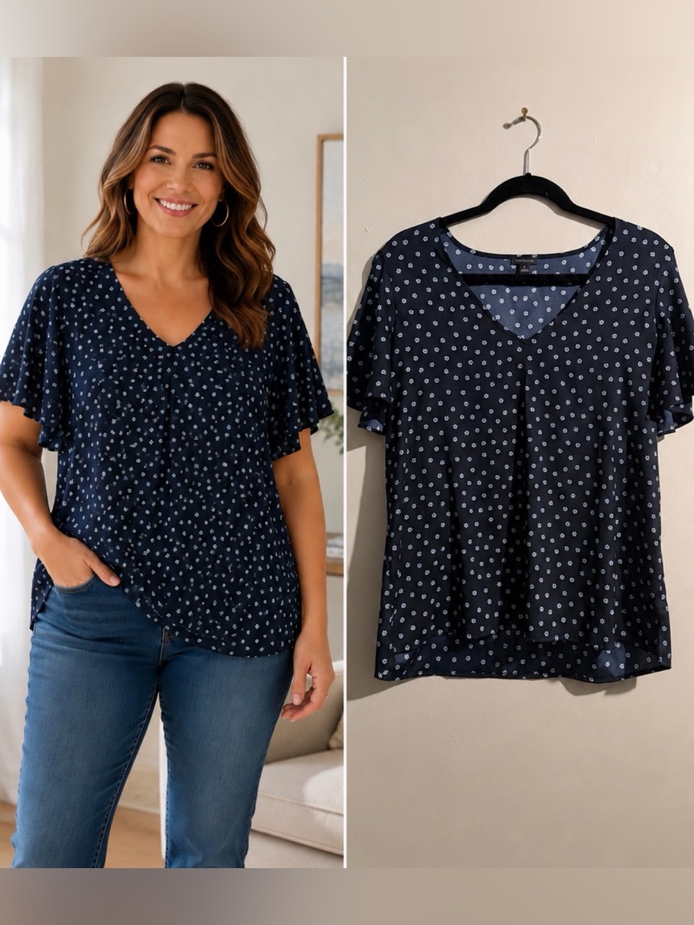 Ann Taylor Navy Blue W/Floral V-Neck Flutter Sleeve Casual Office Blouse